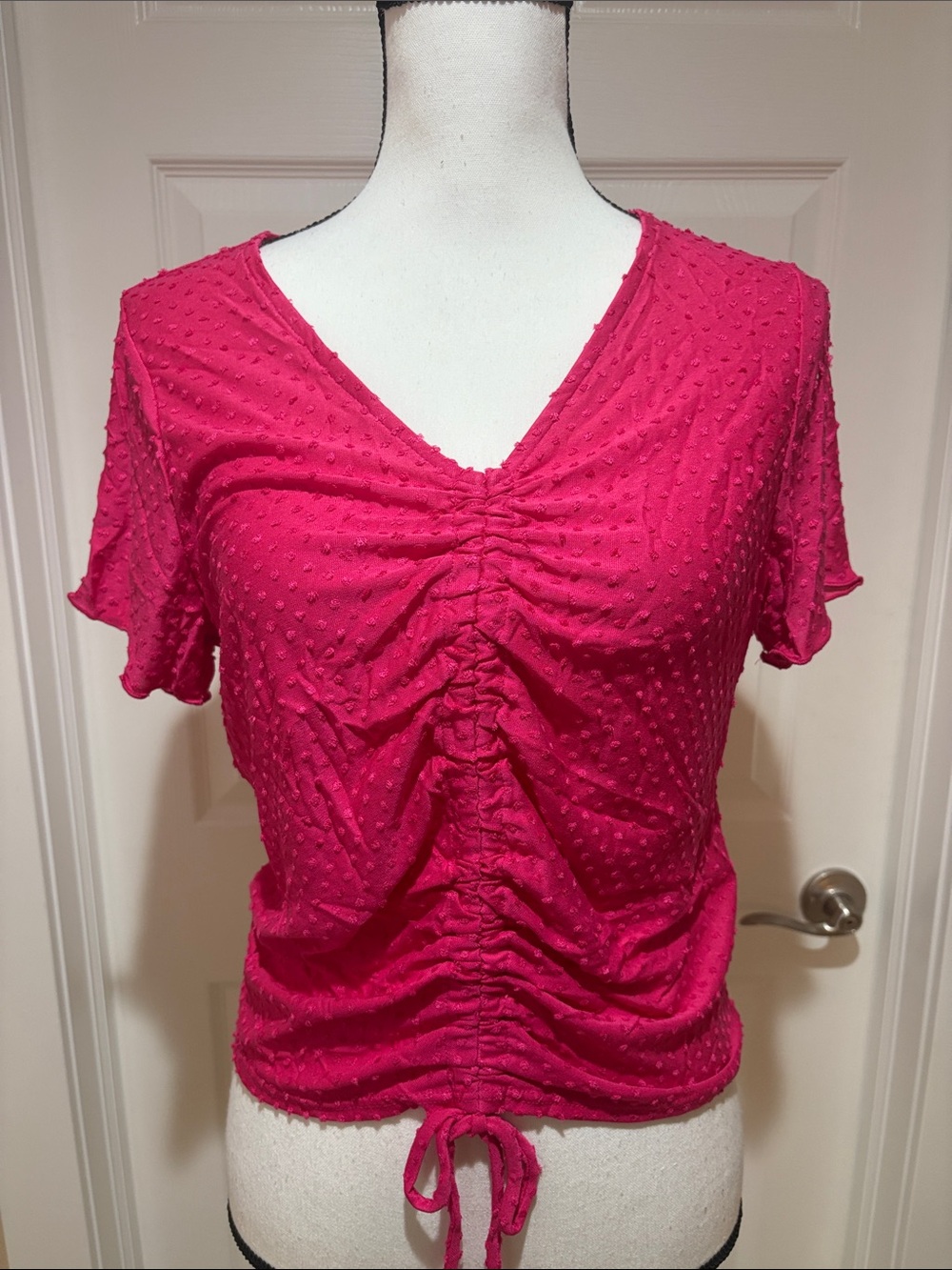 Ruched V-Neck Women's Top - Fuchsia Pink